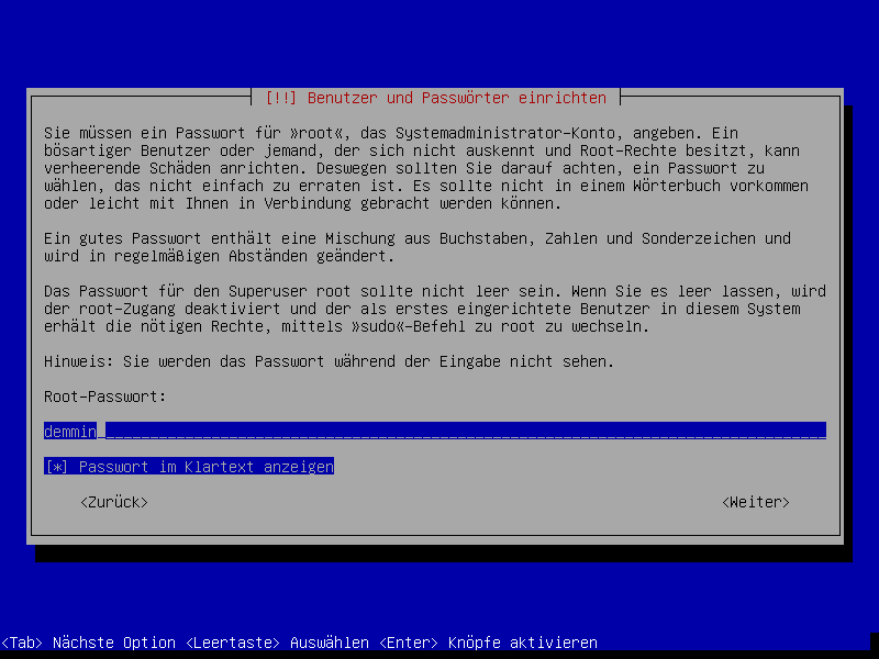 Debian Installation Erster Auswahlbildschirm